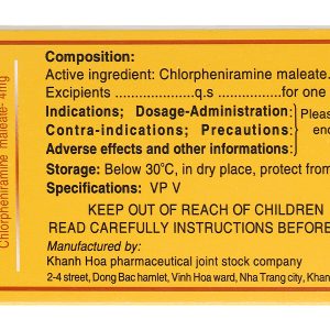 Clorpheniramin Khapharco 4mg trị viêm mũi dị ứng (10 vỉ x 20 viên)