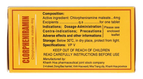 Clorpheniramin Khapharco 4mg trị viêm mũi dị ứng (10 vỉ x 20 viên)
