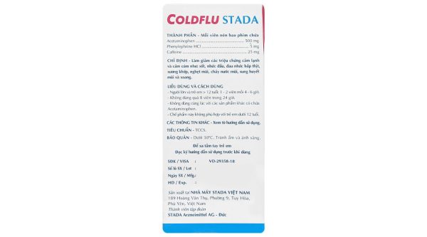 Coldflu Stada trị các triệu chứng cảm cúm: sốt, đau và xung huyết mũi (25 vỉ x 4 viên)