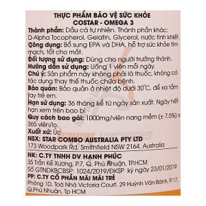 Dầu cá Costar Omega-3 hỗ trợ sức khỏe tim mạch, bổ mắt lọ 365 viên