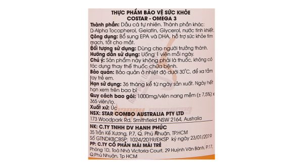 Dầu cá Costar Omega-3 hỗ trợ sức khỏe tim mạch, bổ mắt lọ 365 viên