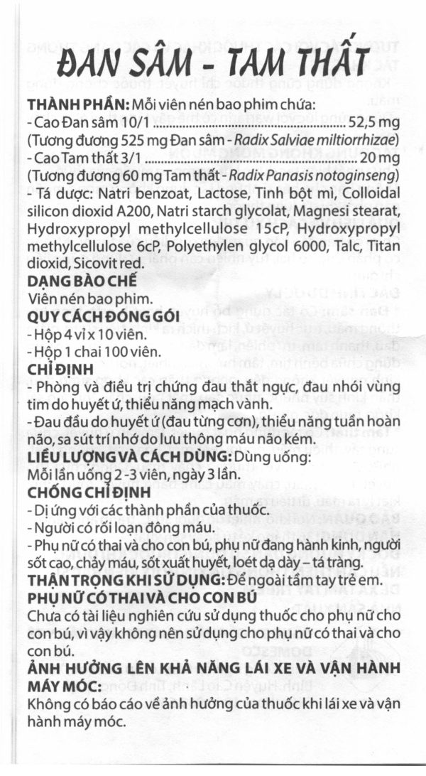 Đan Sâm - Tam Thất phòng và chứng trị đau thắt ngực (4 vỉ x 10 viên)