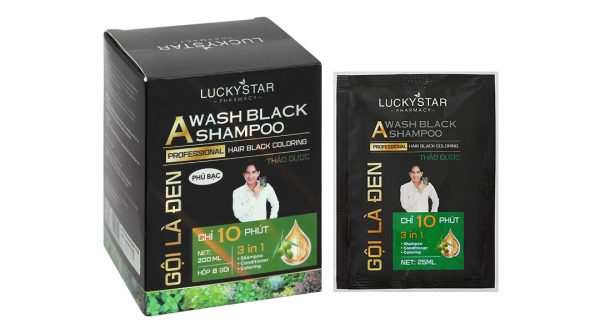 Dầu gội đen Lucky Star phủ bạc làm đen tóc hộp 8 gói x 25ml