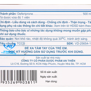 Deferiprone A.T 500mg trị quá tải sắt ở bệnh nhân Thalassemia (3 vỉ x 10 viên)