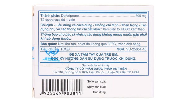 Deferiprone A.T 500mg trị quá tải sắt ở bệnh nhân Thalassemia (3 vỉ x 10 viên)