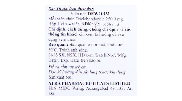 Deworm 250mg trị sán lá gan, lá phổi (1 vỉ x 4 viên)