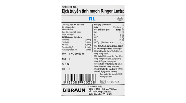 Dịch truyền Ringer Lactat B.Braun bổ sung nước, điện giải chai 500ml