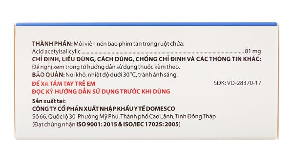 Doaspin 81mg phòng huyết khối tim mạch và não (10 vỉ x 10 viên)