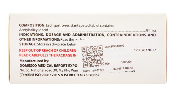 Doaspin 81mg phòng huyết khối tim mạch và não (10 vỉ x 10 viên)