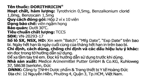 Viên ngậm Dorithricin trị viêm họng, đau họng (2 vỉ x 10 viên)