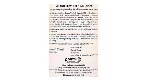 Dung dịch Melano CC Whitening Lotion giúp dưỡng sáng da, mờ thâm nám chai 170ml
