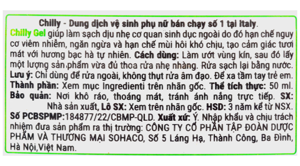 Dung dịch vệ sinh phụ nữ Chilly Gel làm sạch dịu nhẹ chai 50ml