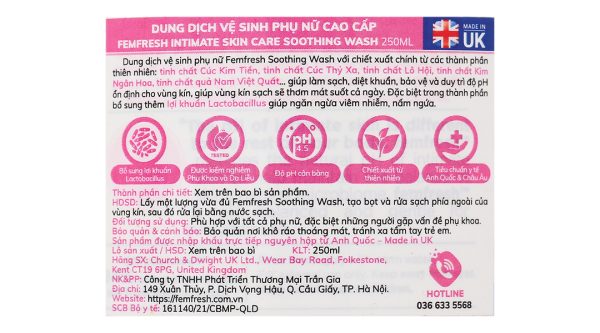 Dung dịch vệ sinh phụ nữ Femfresh Soothing Wash làm sạch, diệt khuẩn chai 250ml