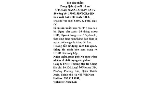 Dung dịch xịt mũi Otosan Nasal Spray Baby giúp giảm nghẹt mũi, sổ mũi, viêm mũi chai 20ml