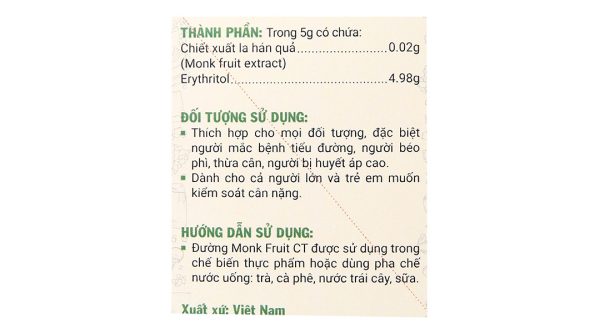 Đường ăn kiêng Monk Fruit CT hộp 100g (20 gói x 5g)
