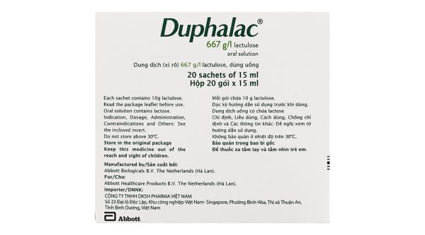 Dung dịch uống Duphalac 667g/l trị táo bón, bệnh lý não do gan (20 gói x 15ml)