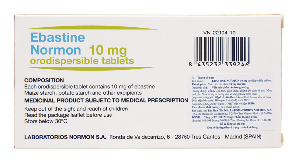 Ebastine Normon 10mg Orodispersible tablets trị viêm mũi, mày đay (2 vỉ x 10 viên)