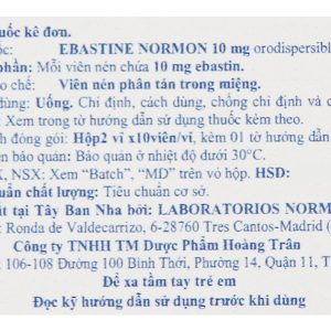 Ebastine Normon 10mg Orodispersible tablets trị viêm mũi, mày đay (2 vỉ x 10 viên)