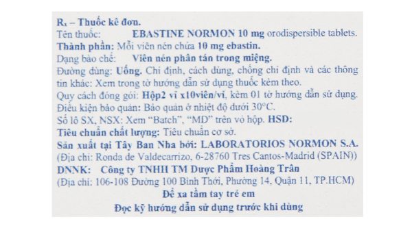 Ebastine Normon 10mg Orodispersible tablets trị viêm mũi, mày đay (2 vỉ x 10 viên)