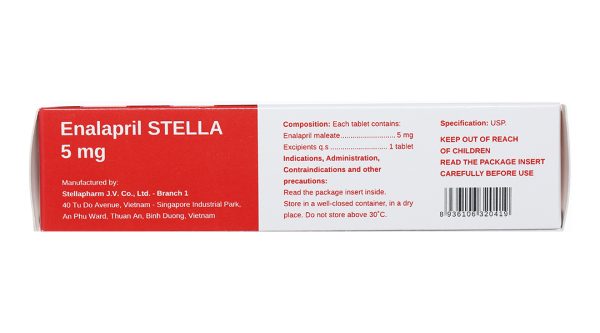 Enalapril Stella 5mg trị tăng huyết áp, suy tim (3 vỉ x 10 viên)