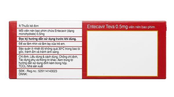 Entecavir Teva 0,5mg điều trị viêm gan B mãn tính (3 vỉ x 10 viên)
