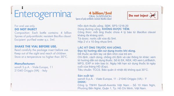 Hỗn dịch uống Enterogermina 4 tỷ/5ml trị, phòng ngừa rối loạn tiêu hóa (20 ống x 5ml)