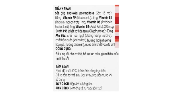 Dung dịch Ferric IP bổ sung sắt, hỗ trợ tạo máu hộp 20 ống x 5ml