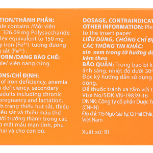 Ferricure 150mg Capsule trị tình trạng thiếu hụt sắt, thiếu máu do sắt (2 vỉ x 14 viên)