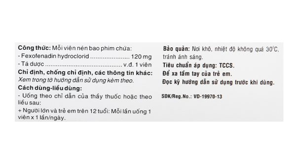 Fexophar 120mg trị viêm mũi dị ứng, dị ứng da, nổi mề đay (5 vỉ x 10 viên)