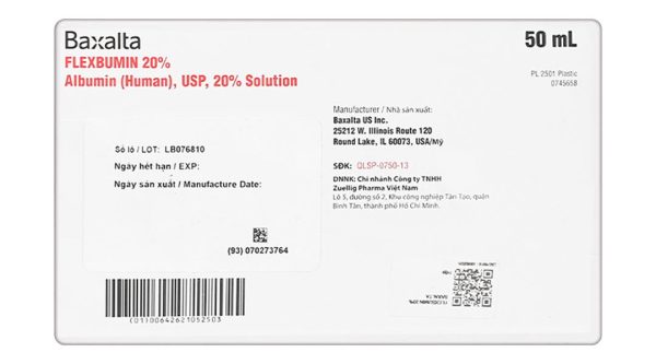 Dung dịch tiêm truyền Flexbumin 20% trị thiếu hụt albumin huyết túi 50ml