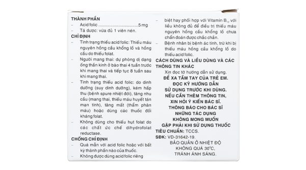 Folacid 5mg phòng và trị thiếu axit folic hộp 4 vỉ x 20 viên