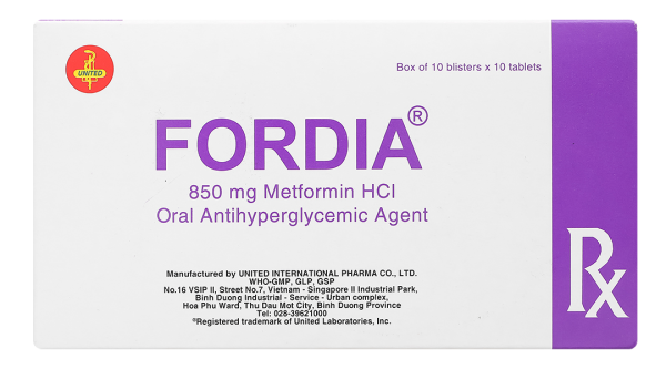 Fordia 850mg trị đái tháo đường type 2 kết hợp ăn kiêng và thể thao (10 vỉ x 10 viên)