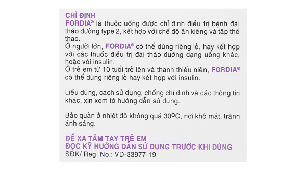 Fordia 850mg trị đái tháo đường type 2 kết hợp ăn kiêng và thể thao (10 vỉ x 10 viên)