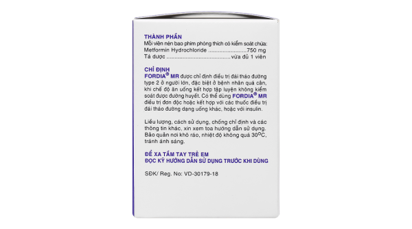 Fordia MR 750mg điều trị tiểu đường type 2 đơn độc hoặc kết hợp (6 vỉ x 10 viên)