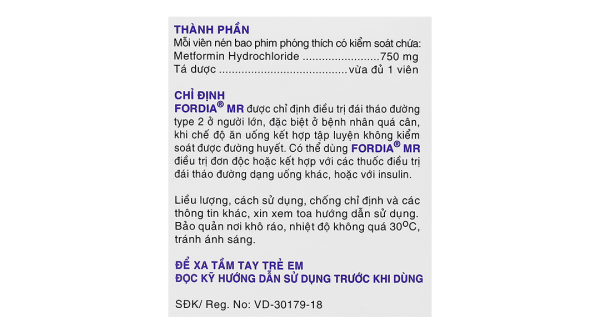 Fordia MR 750mg điều trị tiểu đường type 2 đơn độc hoặc kết hợp (6 vỉ x 10 viên)