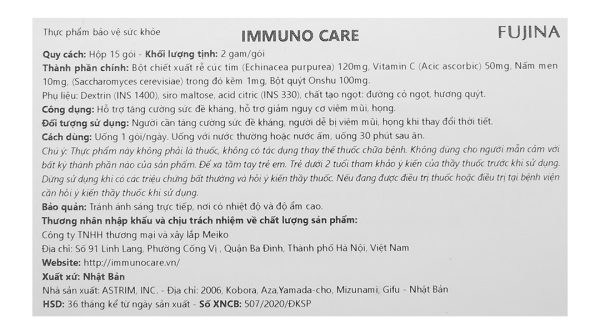 Cốm Fujina Immuno Care hỗ trợ tăng đề kháng, giảm nguy cơ viêm hô hấp hộp 15 gói x 2g