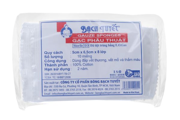 Gạc phẫu thuật Bạch Tuyết túi 10 miếng (5cm x 6.5cm x 8 lớp)