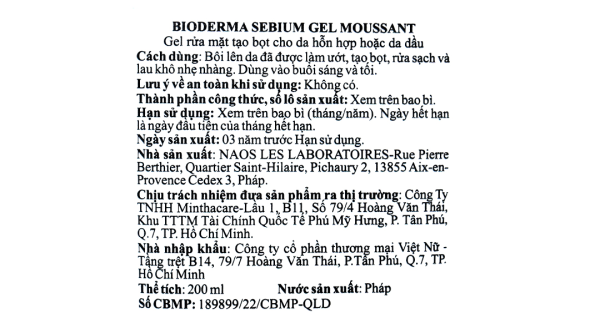 Gel rửa mặt Bioderma Sébium Gel Moussant làm sạch cho da dầu và da hỗn hợp tuýp 200ml