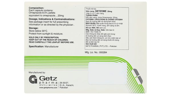 Getzome 20 điều trị loét dạ dày, tá tràng (2 vỉ x 7 viên)