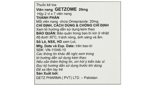 Getzome 20 điều trị loét dạ dày, tá tràng (2 vỉ x 7 viên)