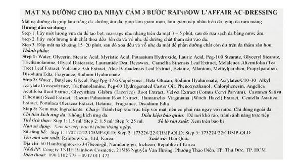 Mặt nạ Rainbow L'affair Ac-Dressing 3 bước cho da nhạy cảm miếng 28ml