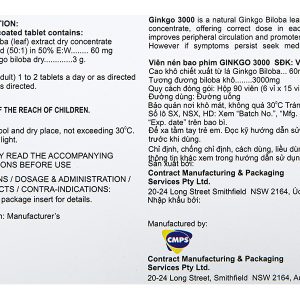 Ginkgo 3000 tuần hoàn máu não, giảm biến chứng đột quỵ (6 vỉ x 15 viên)