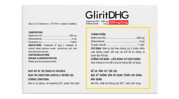 GliritDHG 500mg/5mg điều trị đái tháo đường tuýp 2 (3 vỉ x 10 viên)