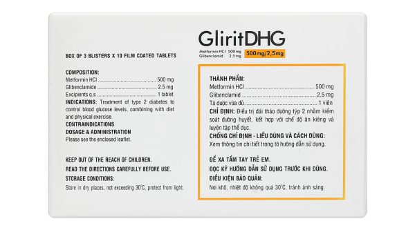 GliritDHG 500mg/2.5mg điều trị đái tháo đường tuýp 2 (3 vỉ x 10 viên)