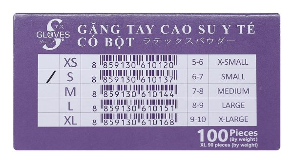 Găng tay y tế có bột Gloves S Latex Powdered Examination size S hộp 50 đôi