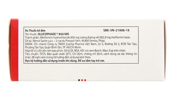 Glucophage 850mg trị đái tháo đường tuýp 2 (5 vỉ x 20 viên)