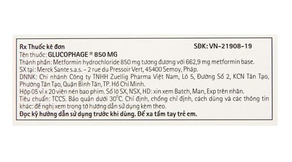 Glucophage 850mg trị đái tháo đường tuýp 2 (5 vỉ x 20 viên)