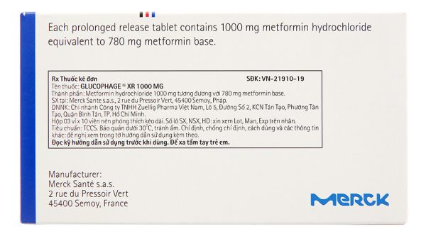 Glucophage XR 1000mg trị đái tháo đường tuýp 2 (3 vỉ x 10 viên)