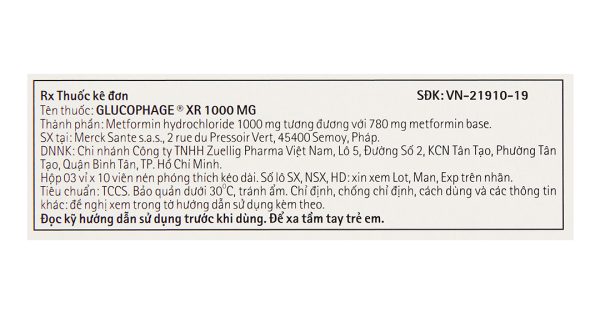 Glucophage XR 1000mg trị đái tháo đường tuýp 2 (3 vỉ x 10 viên)