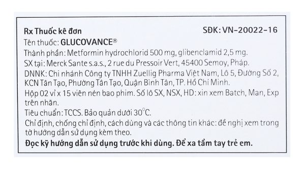Glucovance 500mg/2.5mg trị đái tháo đường tuýp 2 (2 vỉ x 15 viên)